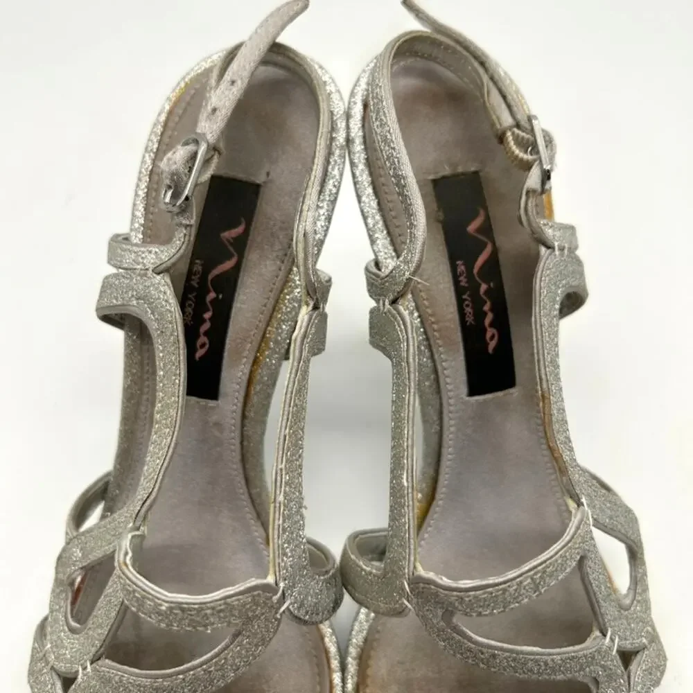 Nina Silver Glitter Strappy Unilora Heels Size 6.5 Glam Evening Slingback Y2K